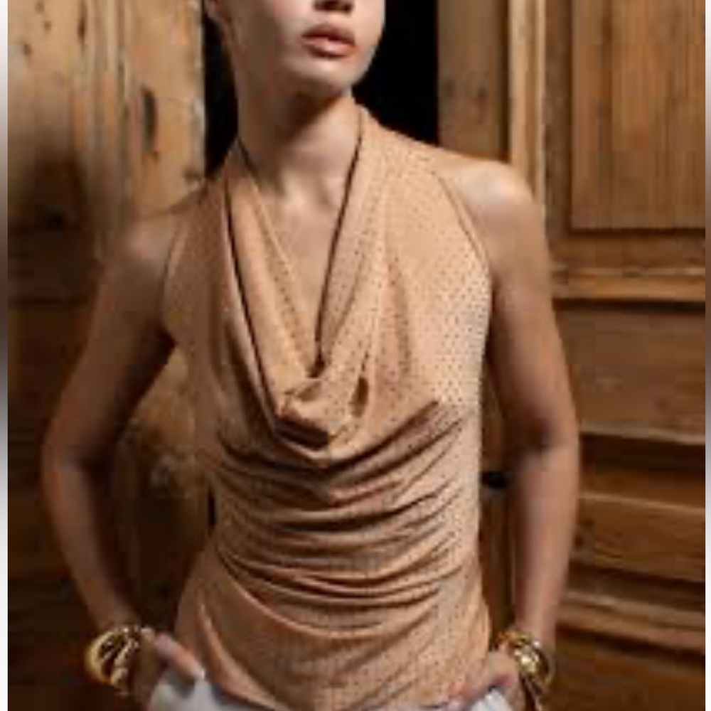 Vince Camuto Tan Studded Cowl Neck Blouse